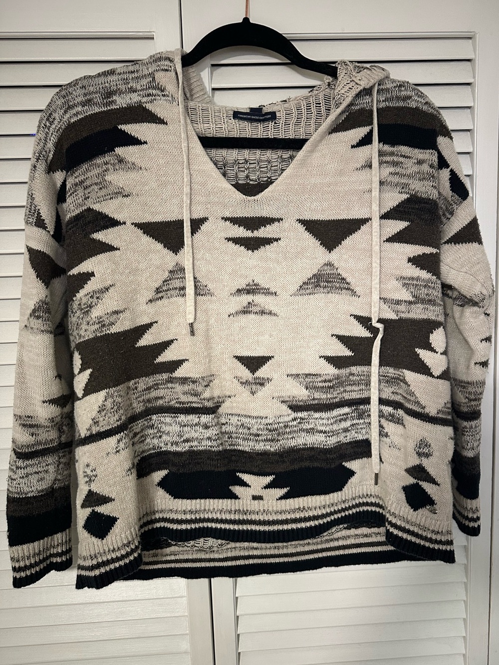 American Eagle Outfitters Neutral Aztec Hooded V-Neck Sweater in Cream, Gray